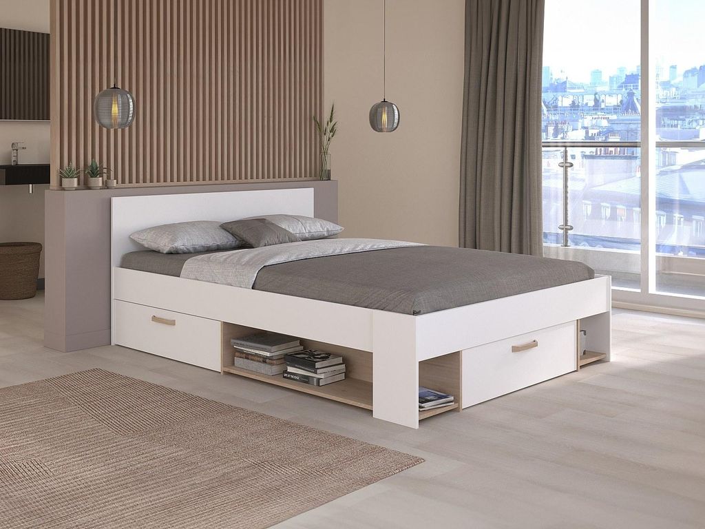 Bett 140 x 190/200 cm mit Kommode und - Weiß und Natur - KINSELIA