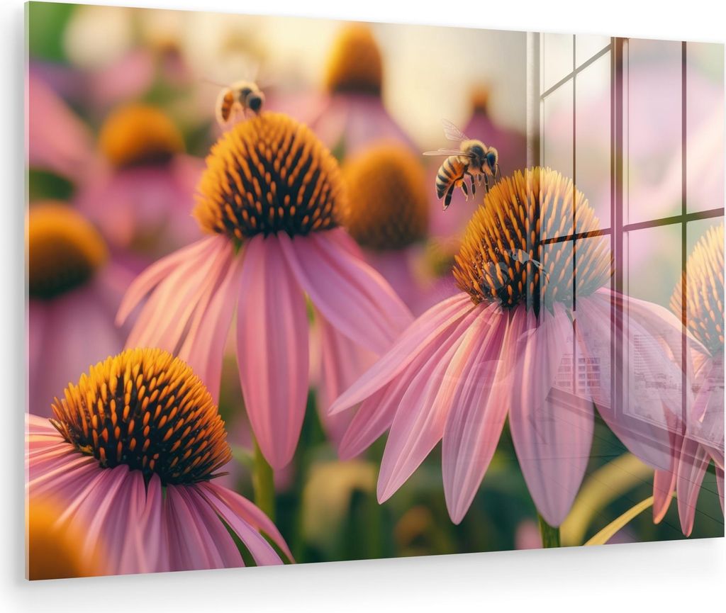 MuchoWow Glasbilder - Bilder auf Wandbild - Foto auf Glas Blumen - Lila - Bienen 90x60 cm Wanddekoration aus Glas - Acrylglasbild - Acrylbilder - W...