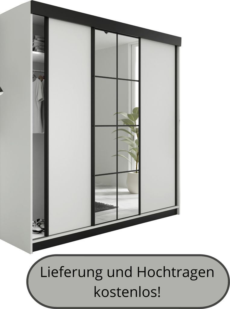 A wardrobe with sliding doors, featuring mirrored panels and a plant in the background.