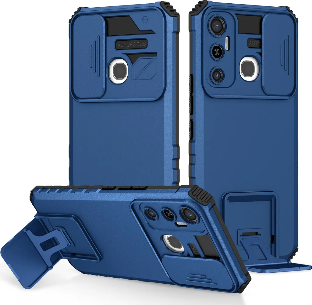 Custodia per Infinix Hot 11 robusta e militare a doppio strato con supporto e protezione scorrevole per la fotocamera blu