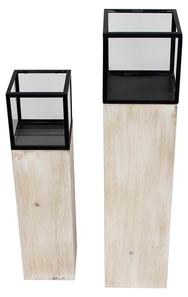 Windlichtsäule Set, 2 Stück, Holz, Metall, Mattschwarz, Glas