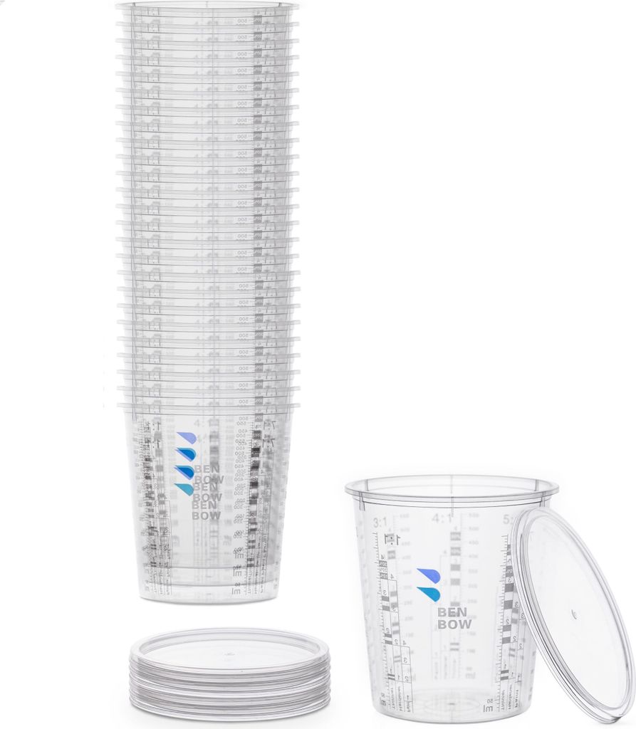 Benbow Profi-Messbecher mit Deckel 25x 385ml mit vielfältiger Skalierung - Becher mit Skala, Lackmischbecher, Meßbecher, Lackbecher