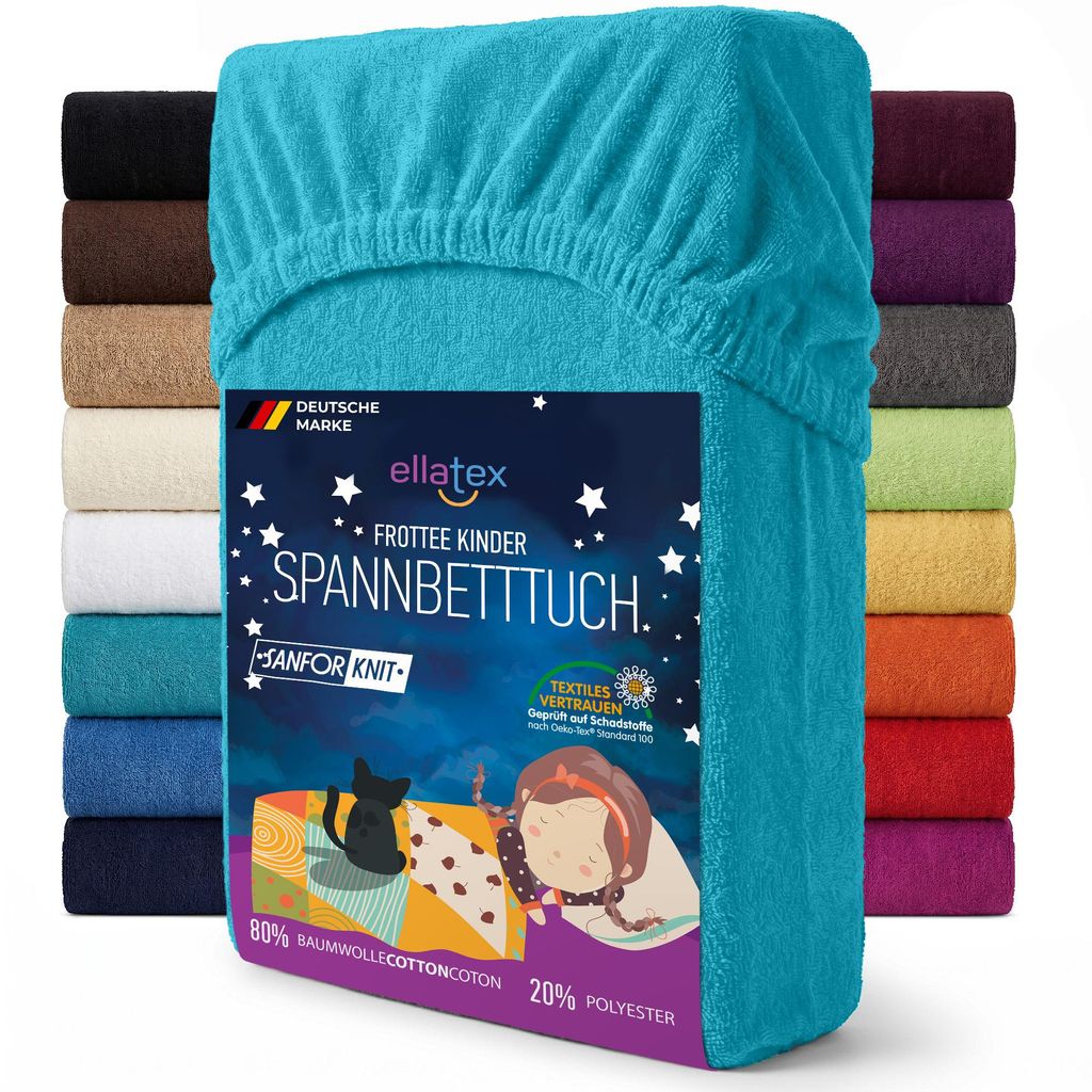 EllaTex Frottee Spannbettlaken 70x140 Baumwolle – weich, warm & saugstark, Spannbetttuch für Kinderbett, in Farbe: Türkis