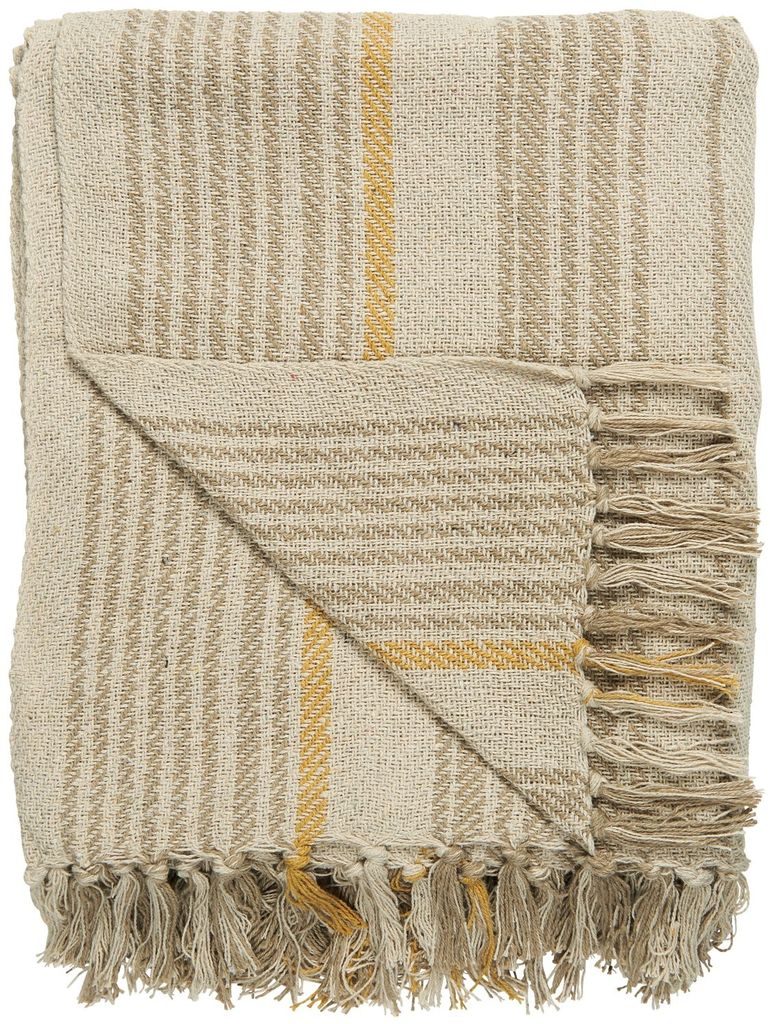 IB Laursen Plaid Creme Streifen Beige Mustard 130x160 Wolldecke Fransen Decke
