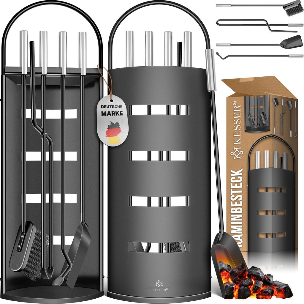KESSER Kaminzubehör 5-teiliges Kaminbesteck Set – Modern Design, beschichtet, Hochwertige Kamingarnitur aus 5 Teilen: Besen, Schaufel, Schürh...