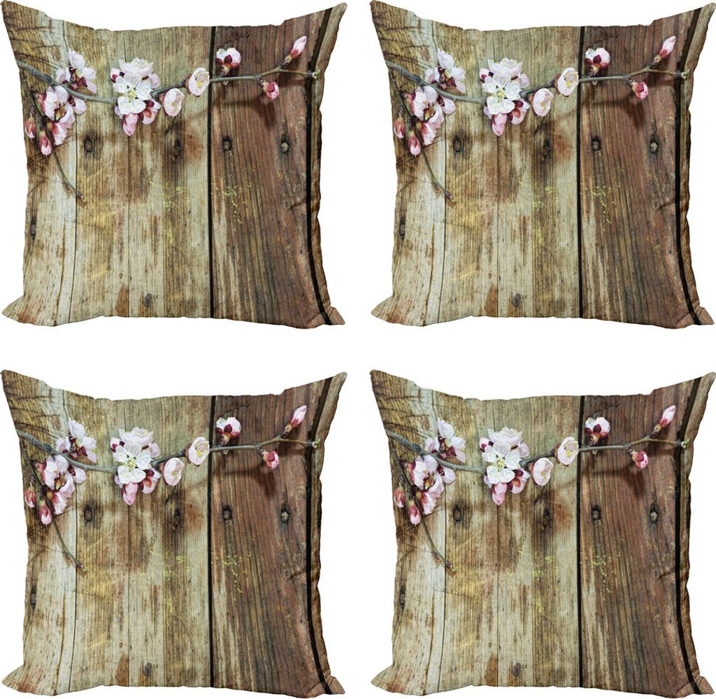 ABAKUHAUS Rustikal Kissenbezug Set (4 Stück), Blooming Frühlingsblumen, Moderner Doppelseitiger Digitaldruck, 50 cm x 50 cm, rosa Brown
