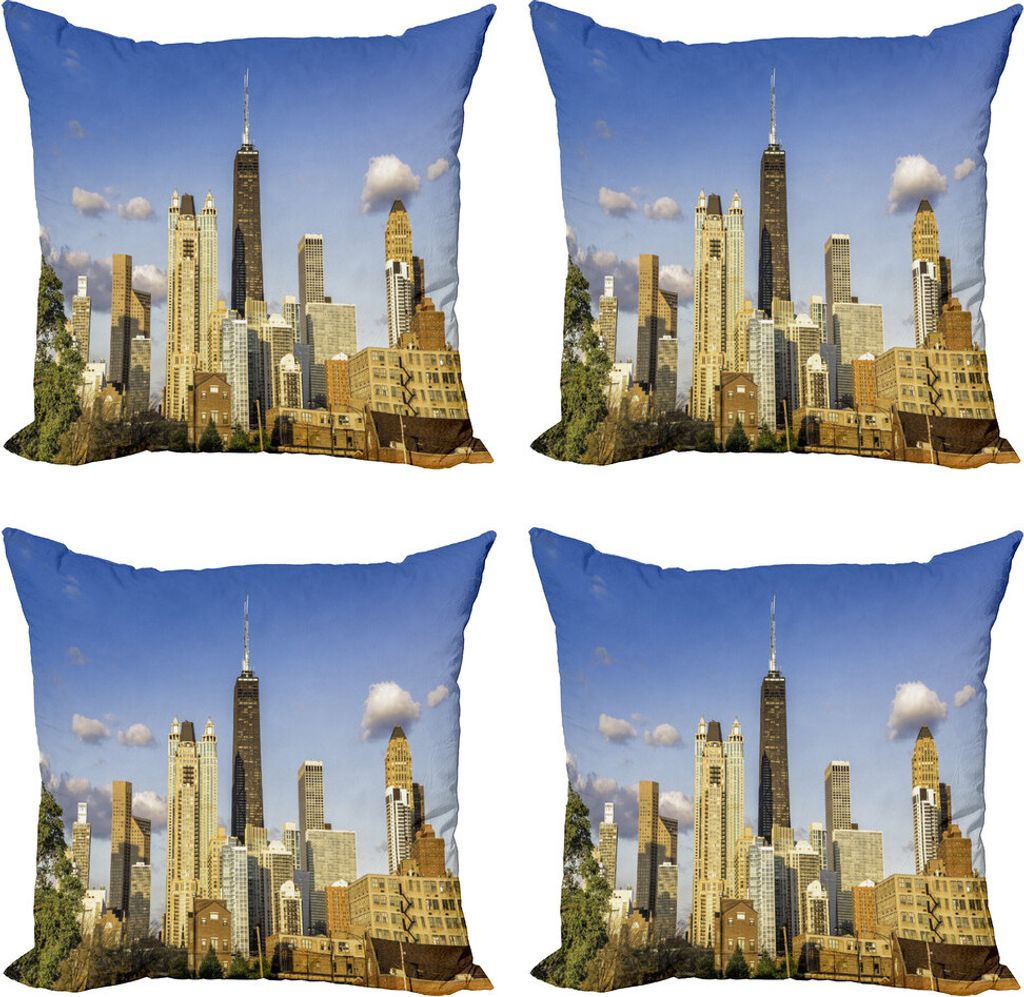 ABAKUHAUS Illinois Kissenbezug Set (4 Stück), Downtown Chicago Panorama, Moderner Doppelseitiger Digitaldruck, 50 cm x 50 cm, Violett-Blau-Creme