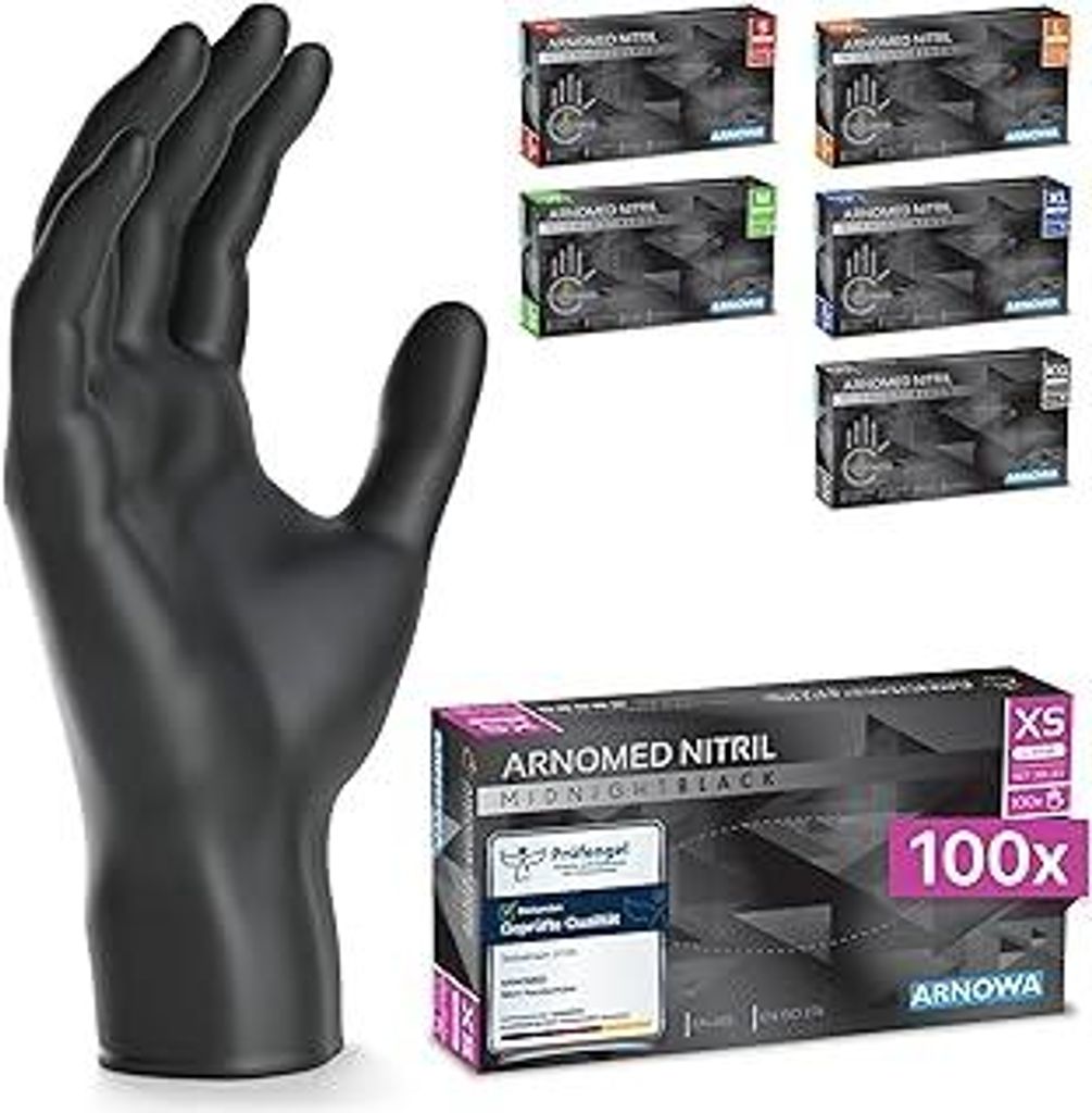 ARNOMED Einweghandschuhe 100 Stück/Box, XS, Schwarze Einmalhandschuhe,puderfreie & latexfreie Nitrilhandschuhe, Handschuhe in Gr. S, M, L & XL