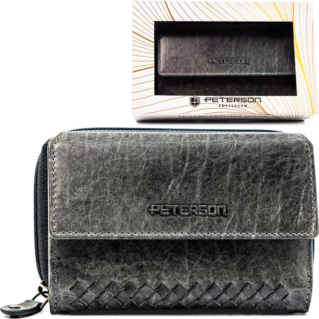Peterson | Elegantes Portemonnaie, für Karten und Münzen, aus Naturleder, Grau, 14x9.5 cm