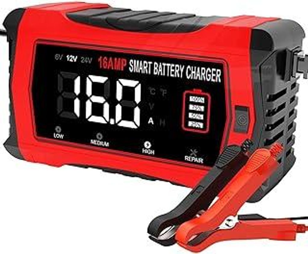 HTRC 16A Autobatterie Ladegerät, 6V/12V/24V Batterie Ladegerät für Auto LKW Motorrad Rasenmäher Boot Marine Batterien, Lithium, LiFePO4, Blei-S...