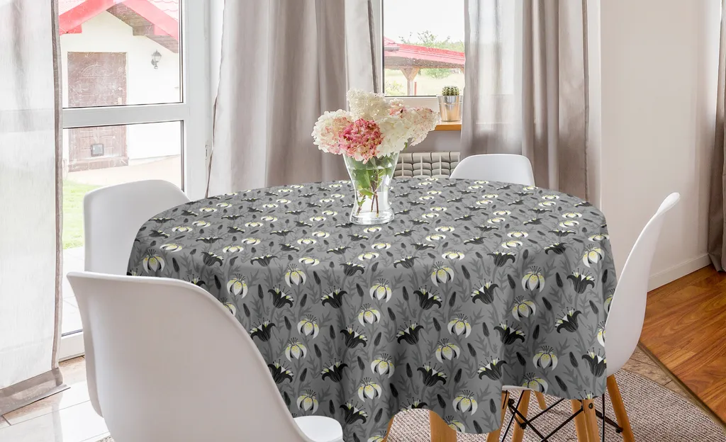 ABAKUHAUS Tovaglia rotonda vintage con motivi floreali, tulipani e gigli, tovaglia circolare per sala da pranzo e cucina, 150 cm, blu scuro, grigio e bianco