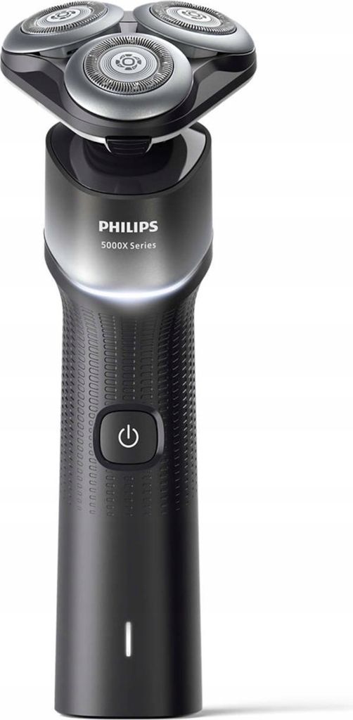A black and silver electric shaver is shown against a white background.