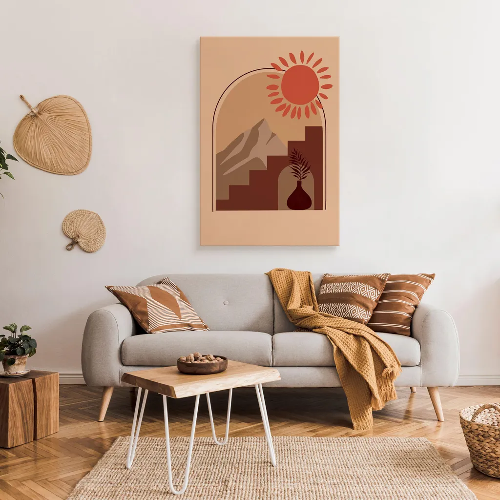 Muralo Tela Boho Chic 70x100 - Sole Astratto e Foglie per Interni - 3