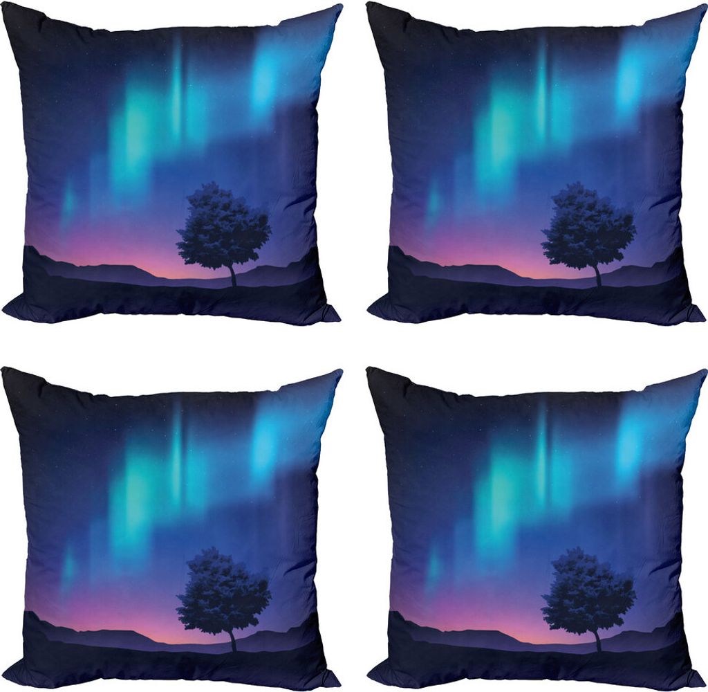ABAKUHAUS Fantasie Kissenbezug Set (4 Stück), Aurora Borealis Baum, Moderner Doppelseitiger Digitaldruck, 50 cm x 50 cm, Blau Lila