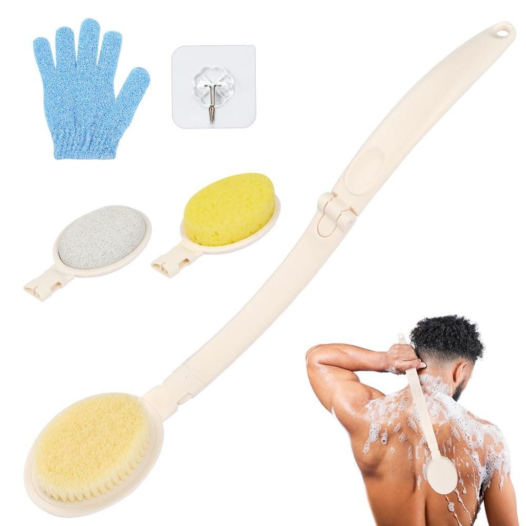 Langstielige Duschrückenbürste, 3-in-1-Badebürste, Lotionapplikator für den Rücken, Rückenbürste zum Peelen und Massieren unter der Dusche, ...