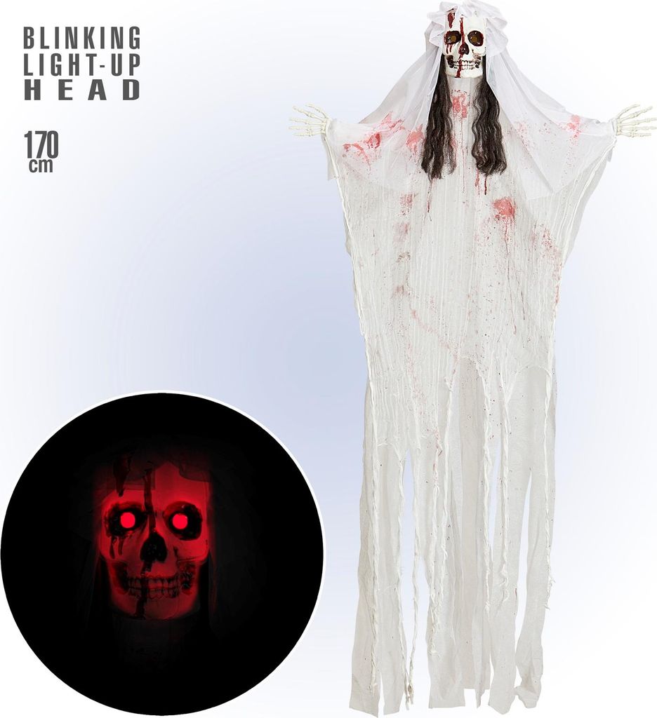 Hängefigur "Blutige Skelett Braut" Leuchtender Kopf 170 cm | Halloween Dekoration