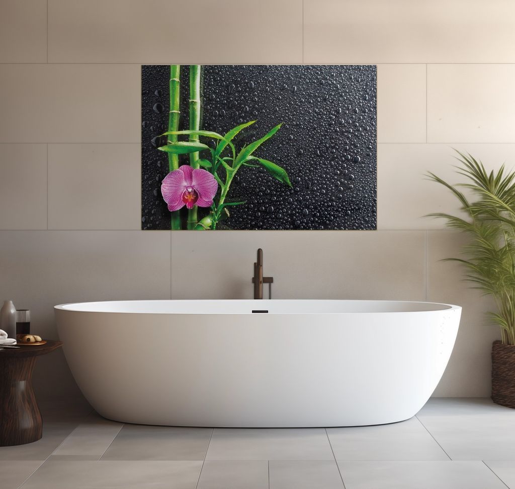 Wallario wasserfestes Poster selbstklebend 70 x 100 cm, Bambus und pinke Orchidee auf schwarzem Glas mit Regentropfen, Badezimmerposter Spritzschut...