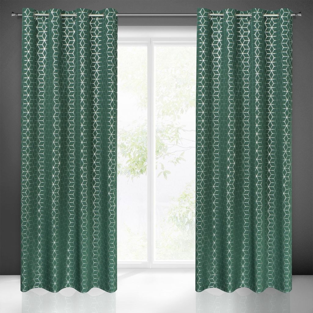Vorhang CUBE dunkelgrün silber hellgrau 140x250 cm Ösen Ösenvorhang