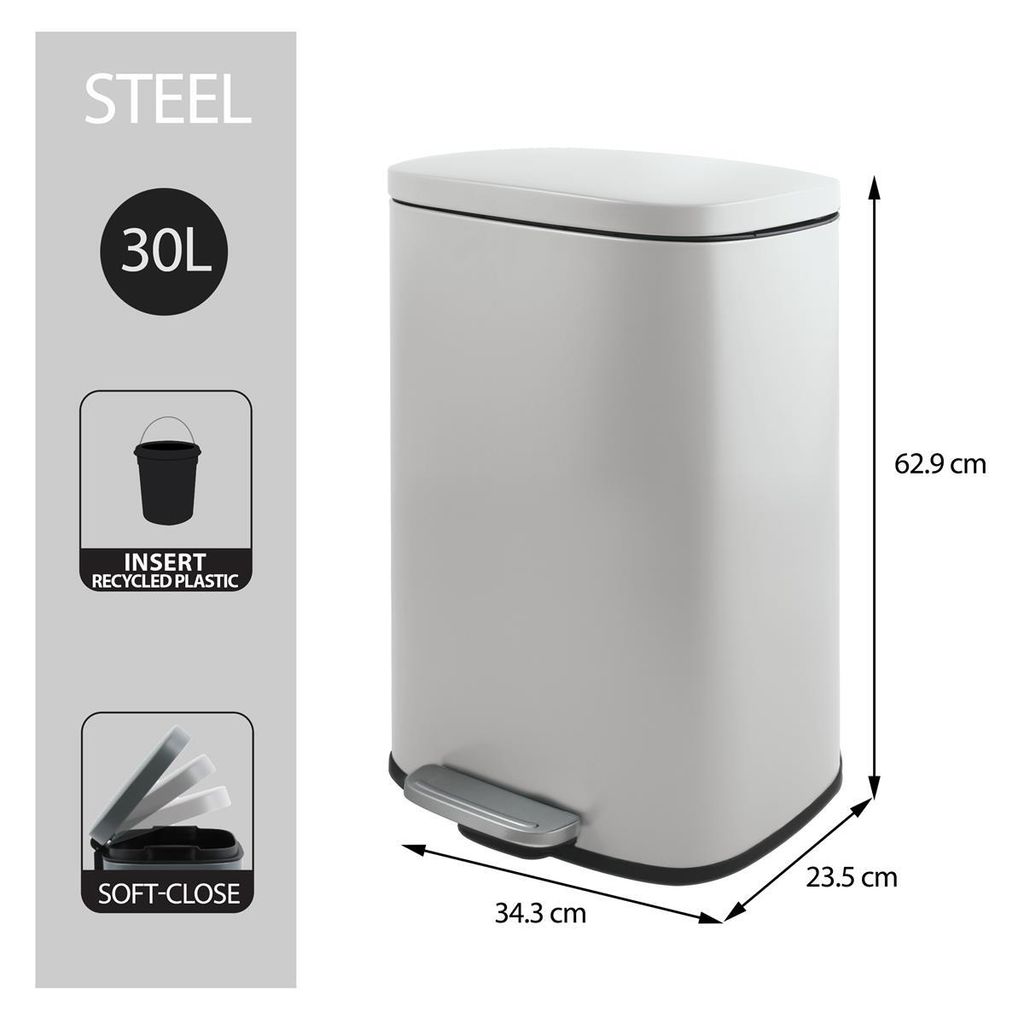 Spirella Abfalleimer 30 Liter Edelstahl mit Absenkautomatik und Inneneimer "Akira" Küche Mülleimer Softclose Abfalleimer weiß matt