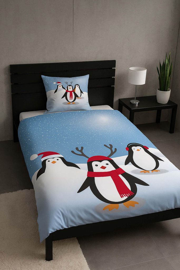Fleece Bettwäsche 135 x 200 cm Kinder Garnitur Winter 2 tlg. mit Reißverschluss in Blau mit Pinguine