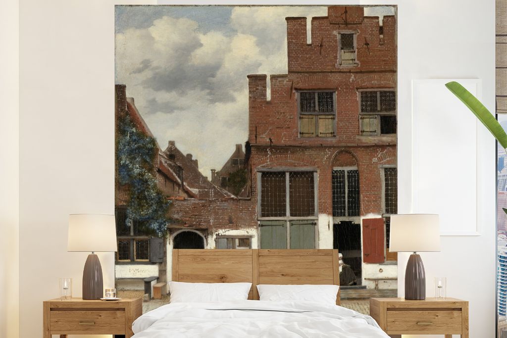 MuchoWow Fototapete für Wohnzimmer oder Schlafzimmer Wandtapete Vinyl Motivtapete Die kleine Straße - Johannes Vermeer - 180x220 cm - Tapezierp...