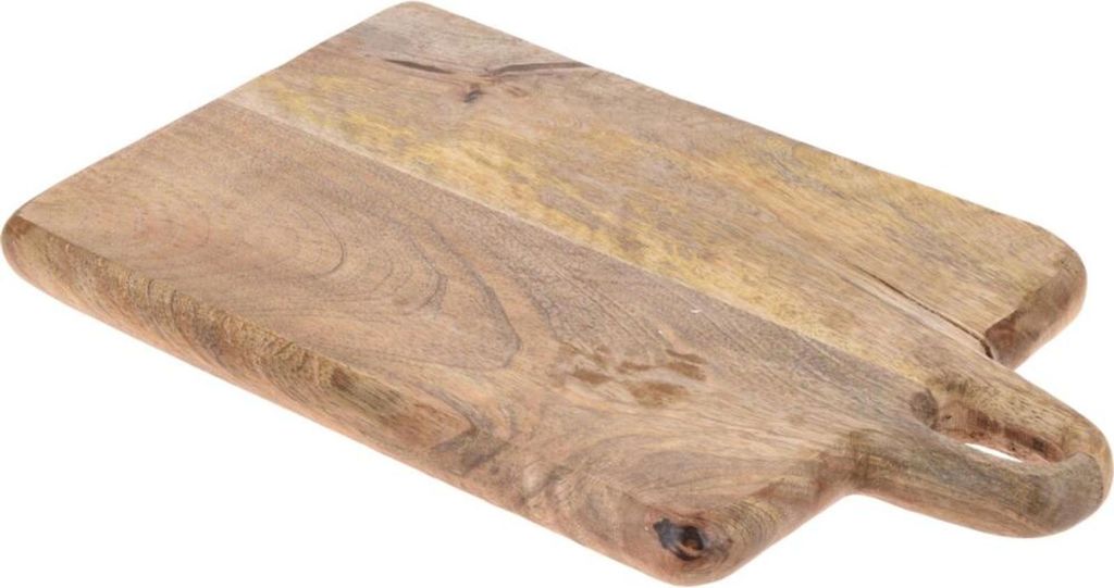A wooden cutting board with a handle is shown against a white background.