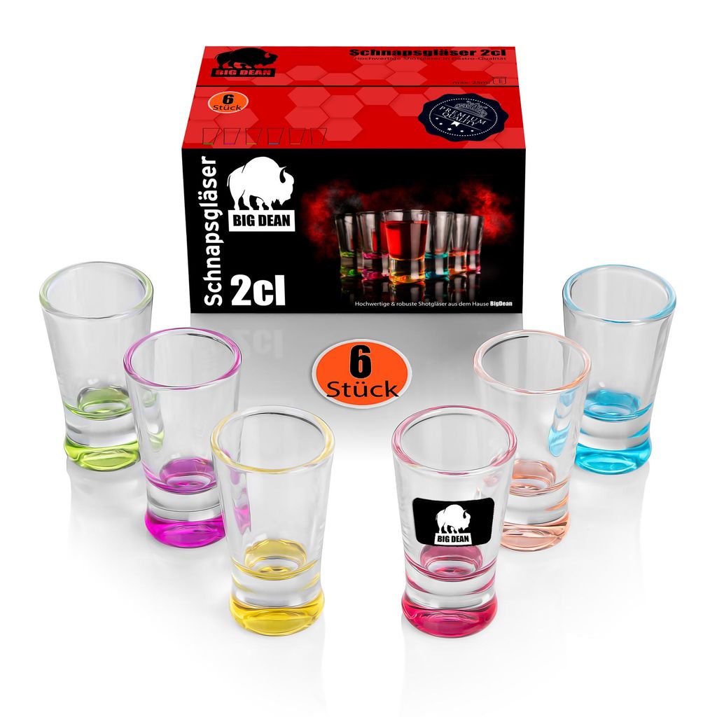 BigDean 6 Stück farbige Schnapsgläser 2cl in Geschenkbox – robuste Shotgläser spülmaschinenfest - in Gastro Qualität