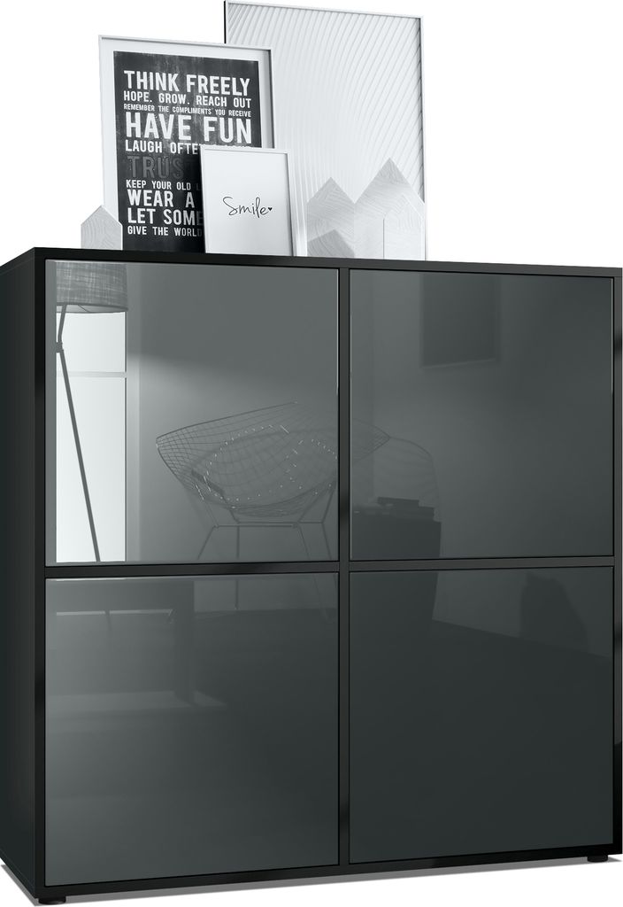 Vladon Highboard Cuba V2 Schrank 104 x 105,5 x 35,5 cm Sideboard mit 8 Fächern, Germany, Korpus in Schwarz matt / Fronten in Grau Hochglanz