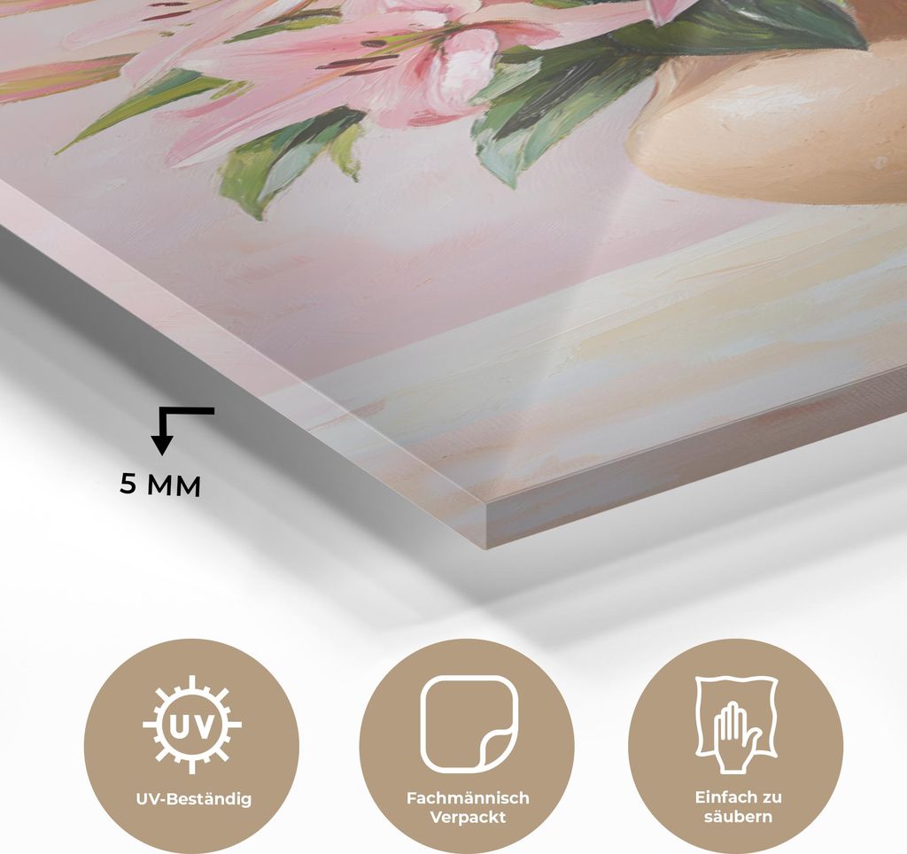 MuchoWow Glasbilder - Bilder auf Wandbild - Foto auf Glas Vase - Blumen - Rosa 40x80 cm Wanddekoration aus Glas - Acrylglasbild - Acrylbilder - Wan...