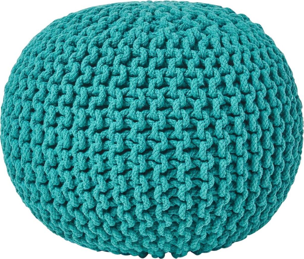 HOMESCAPES Runder Strickpouf 100% Baumwolle, petrol