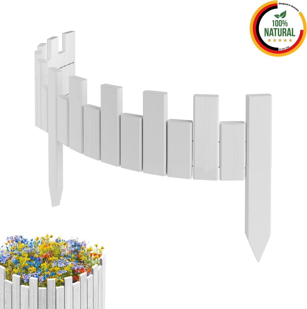 Floranica Beeteinfassung Rasenkante Holz Rollzaun Holzzaun 100 x 15 cm Weiß imprägniert Flexible Rollborder Palisade Gartenzaun
