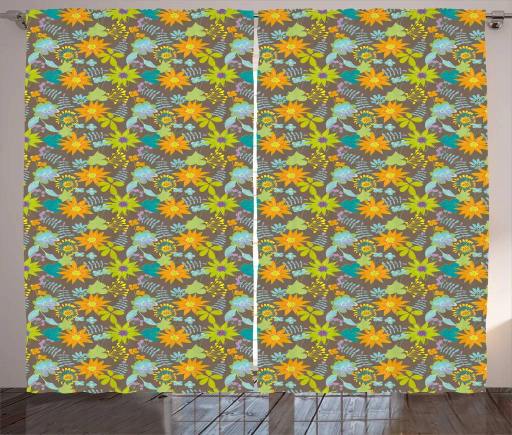 Rideaux Universels 280x225 cm Taupe et Orange à Motif Floral Style Rétro