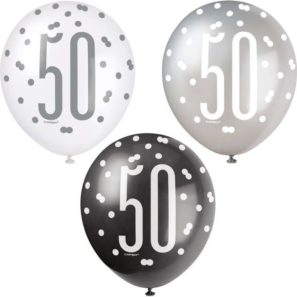 6 Luftballons schwarz & silber Zahl 50