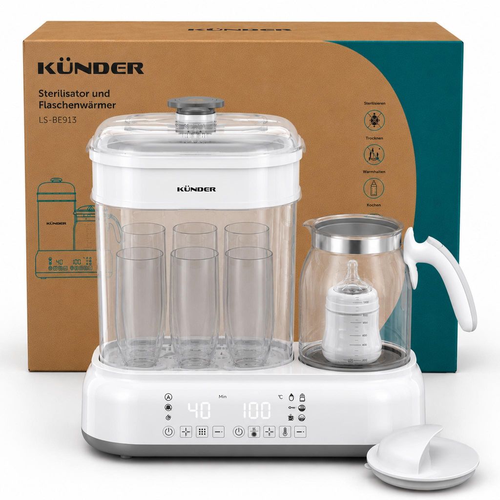 Babyflaschen Sterilisator mit integriertem 1,2 L Glas-Wasserkocher | Sterilisieren, Trocknen und Erwärmen in einem Gerät