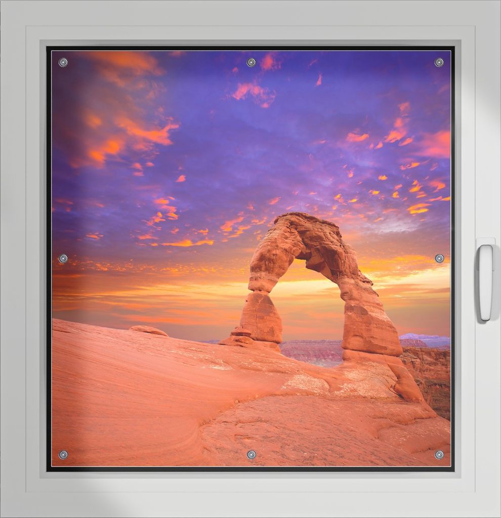 Wallario Lichtschutzbild, Dekorativer Sichtschutz Sonnenschutz 96 x 100 cm mit Motiv: Steinbogen vor einem farbenfrohen Himmel in lila-rot - Verdun...