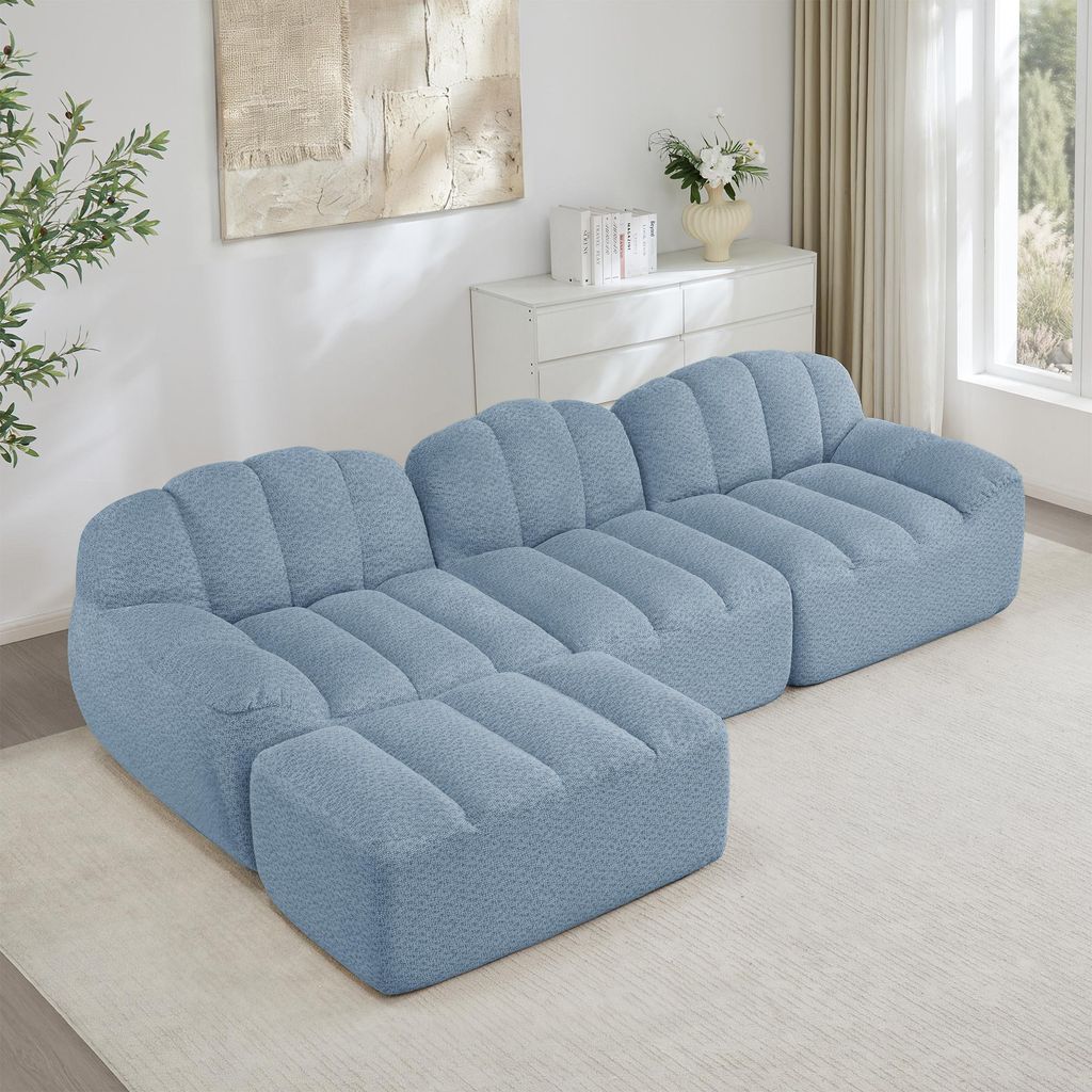 Modulares 3-Sitzer Sofa L-Form mit 1 Ottomanen 32D Schaumstoff Couch Lounge-Set Wohnlandschaft rahmenlose Sitzgruppe tiefe Sitzfläche Fleecebezug ...