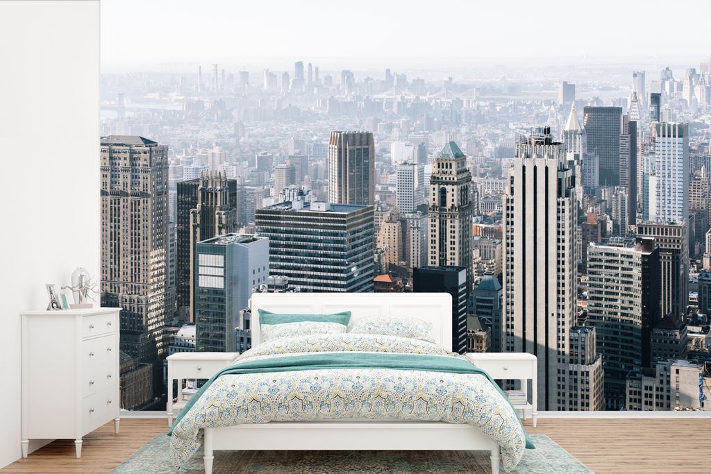 MuchoWow Fototapete für Wohnzimmer oder Schlafzimmer Wandtapete Vinyl Motivtapete New York - Skyline - Nebel - 525x350 cm - Das Hintergrundbild