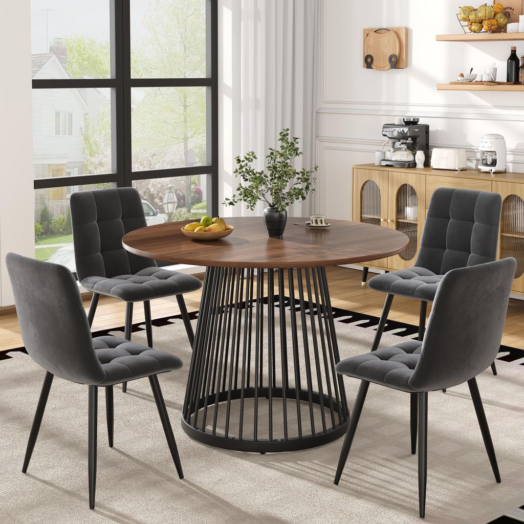 Essgruppe (5-teilig): 4 Stühle, moderne Küche, runder Tisch 80 cm (schwarze Metallbeine), Tischplatte aus MDF in Walnussoptik, Samtstühle