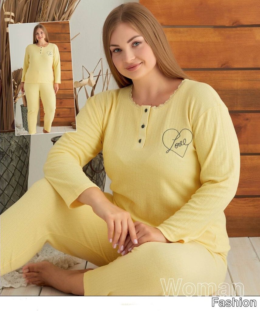 Damen Große Größen Pyjama Schlafanzug Gelb XXL Warm Baumwolle 2-Teiler Set Winter A-84