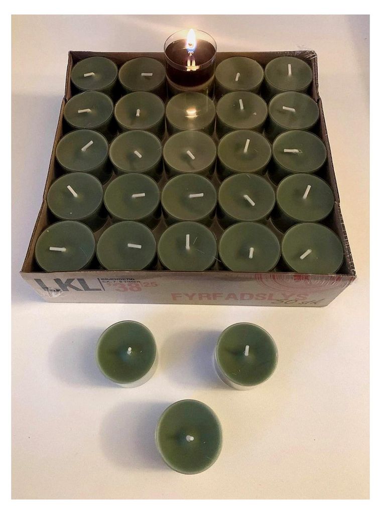 Dänische Teelichter, farngrün olivgrün, 50 Stück in transparenter Hülle, Brenndauer ca. 8 Std.