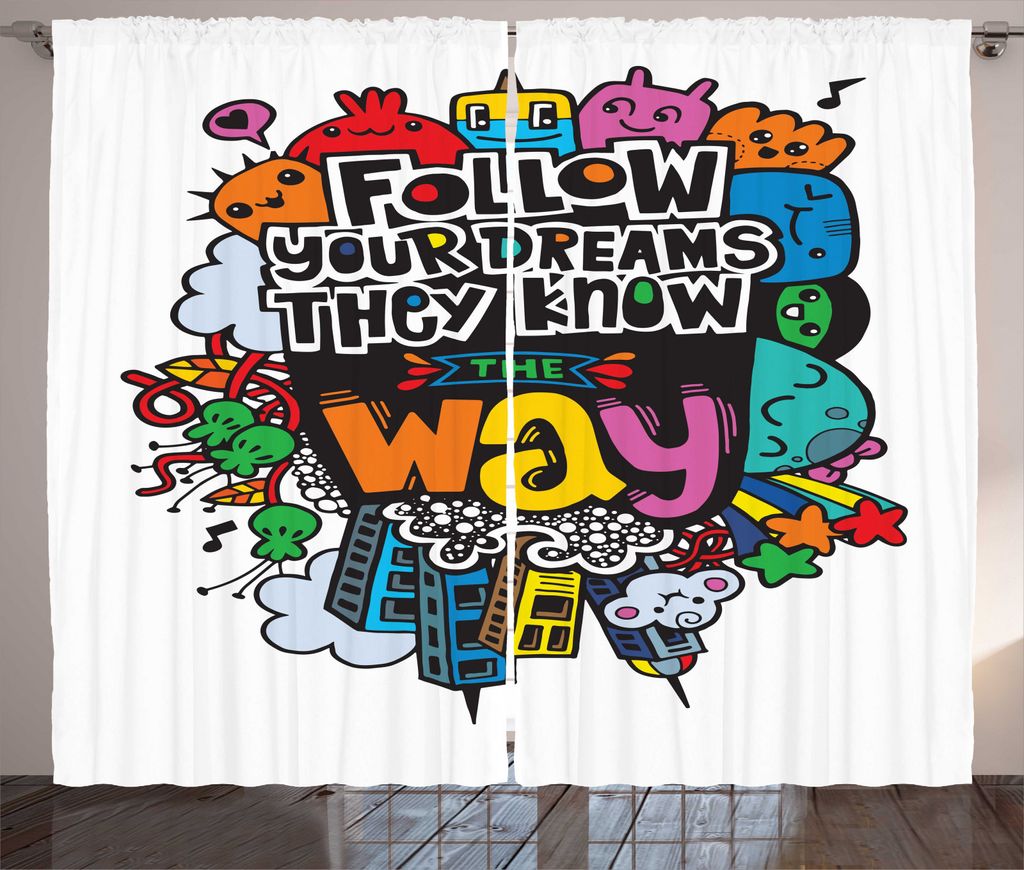 ABAKUHAUS Traum Rustikaler Vorhang, Monster Doodle Positive Worte, Wohnzimmer Universalband Gardinen mit Schlaufen und Haken, 280 x 245 cm, Mehrfarbig