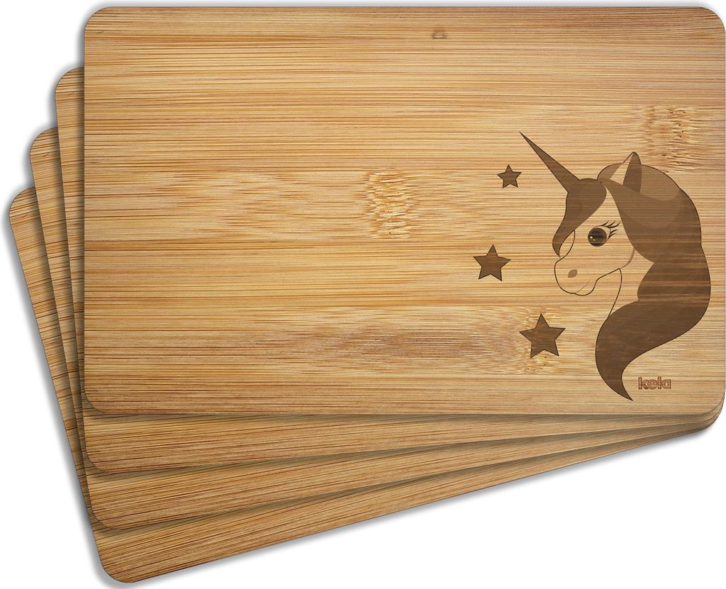 Wallario Frühstücksbrettchen 4er Set aus Holz, je 22 x 14 cm, Motiv Einhorn Muster - Süßes Einhorn mit Sternen