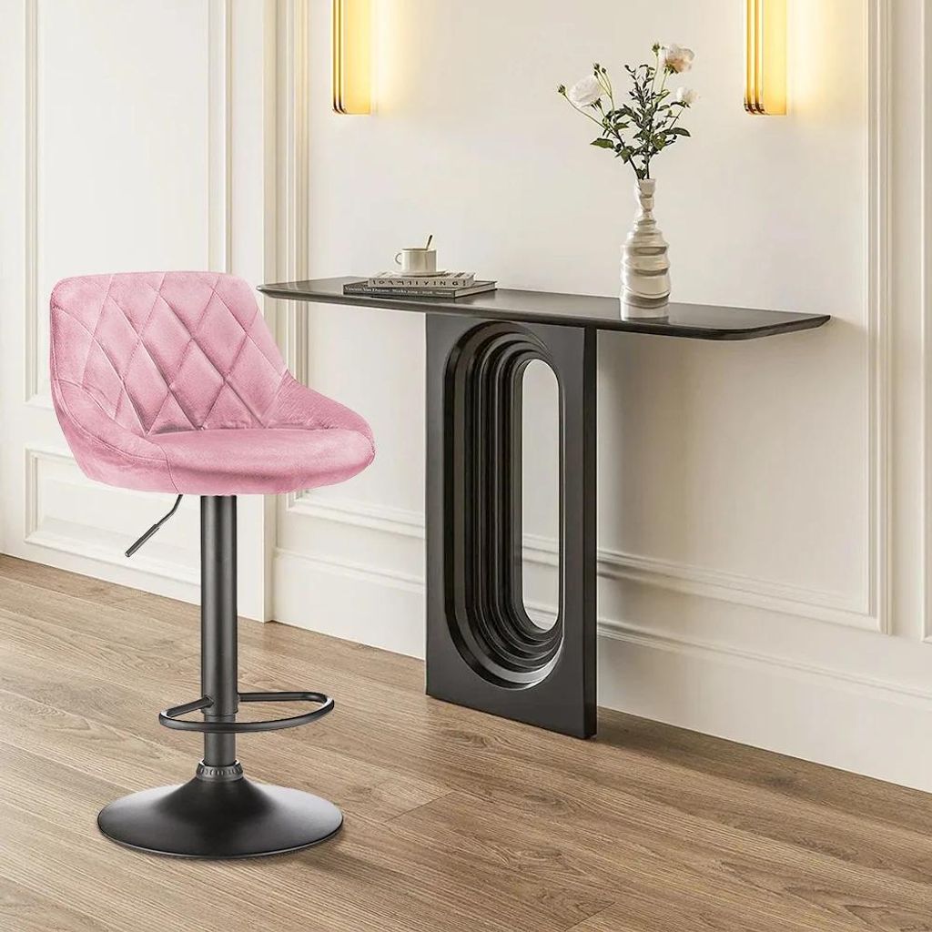 Barhocker 2er-Set - Barstuhl mit Rückenlehne - Höhenverstellbar - Drehbar - Samtsitz - Fußstütze - Metallgestell - Rosa