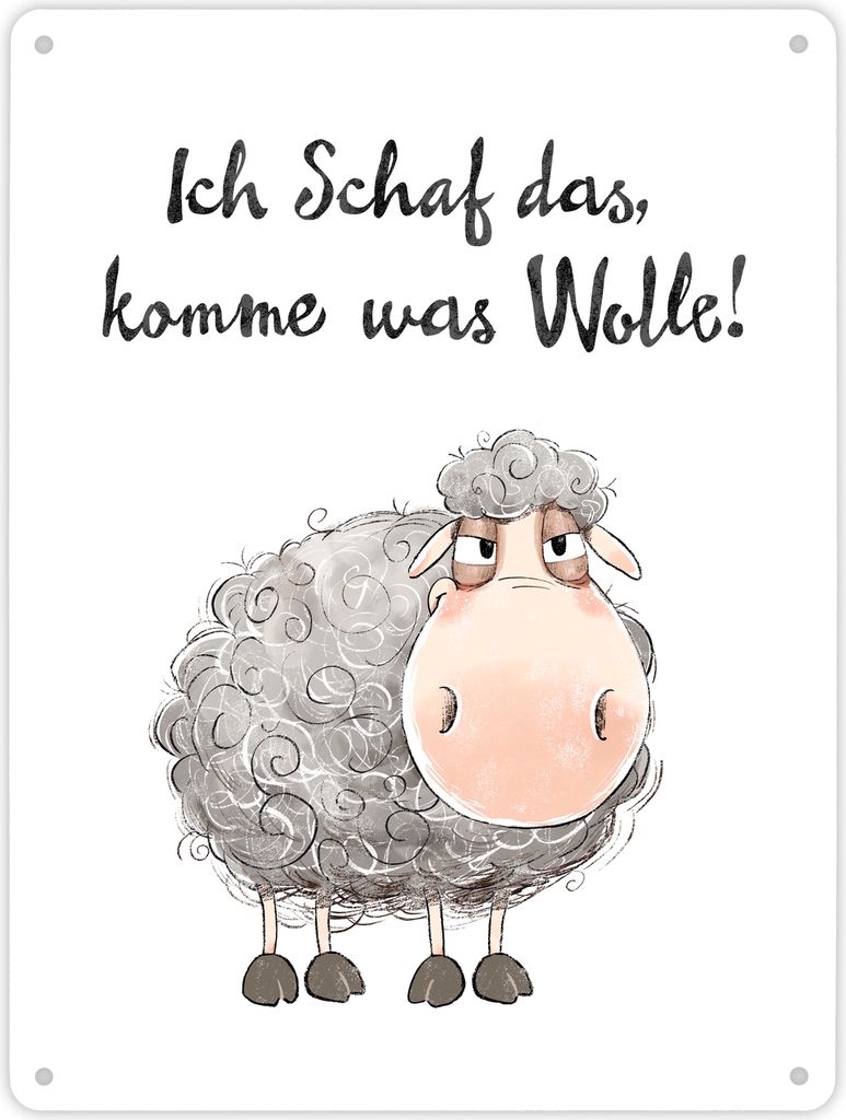 Schaf Metallschild XL in 21x28 cm mit Spruch Ich Schaf das komme was Wolle