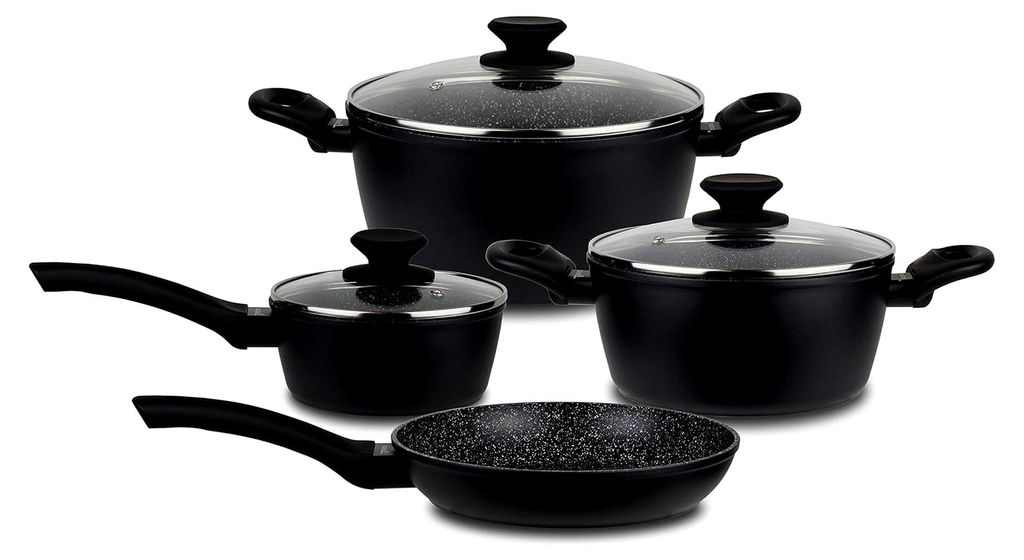 7-teiliges Topf- und Pfannenset - 3 Töpfe mit Glasdeckel & 1 Pfanne - Alu Kochtopfset mit Marmor-Keramikbeschichtung, PFOA-frei - Induktionsgeeign...