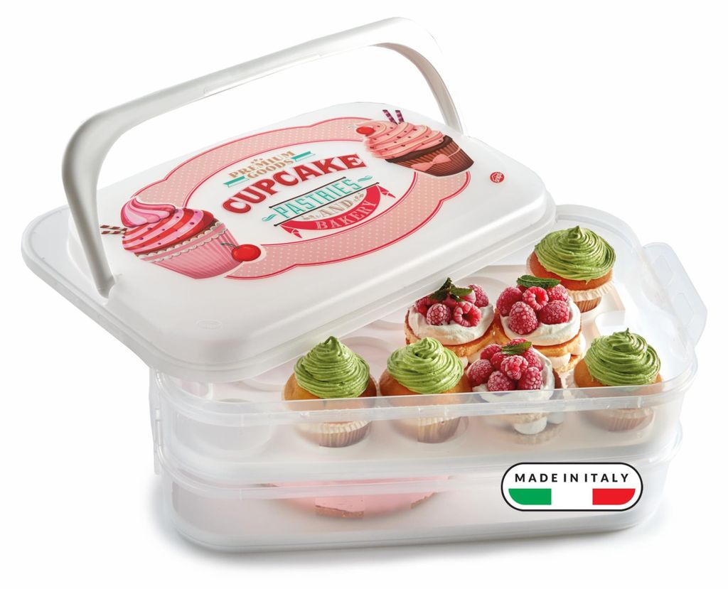 Snips Cupcake-Behälter, 14 Liter, Weiß, fasst 28 Cupcakes oder Muffins, doppelt dekorierter Behälter mit doppeltem Tablett, 28,5 x 19 x 43,5 cm