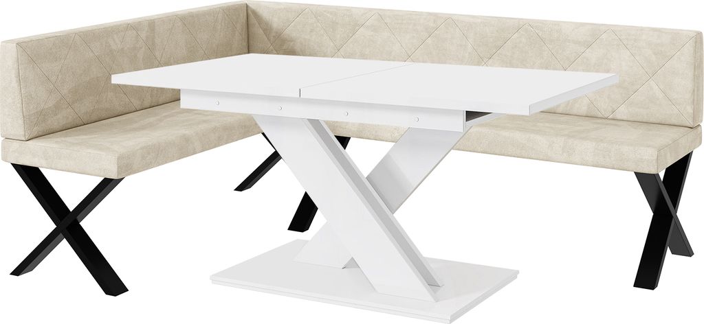 MEBLINI Eckbank für Esszimmer mit ausziehbarem Tisch - Küchenbank - Essecke - Sitzecke Küche - ERIC - X-Beine 142x196x87cm Links - Creme Samt/B ...