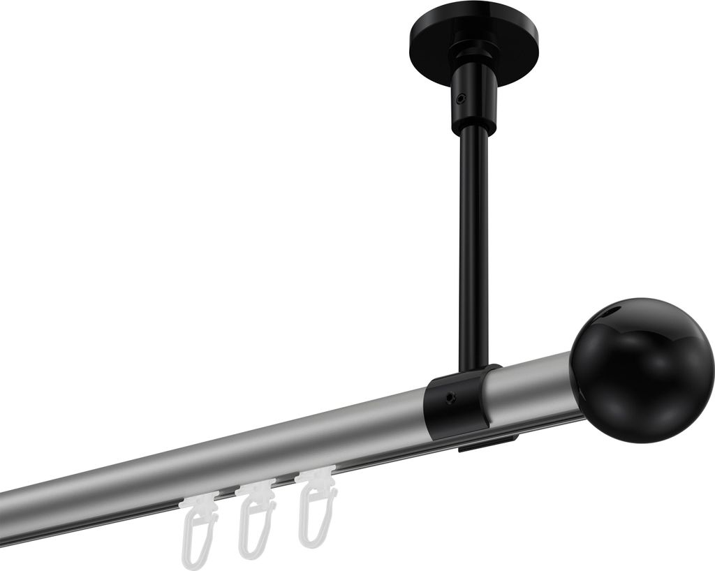 Interdeco Innenlaufstange / Gardinenstange mit Innenlauf Silbergrau / Schwarz, Typ Sonette Luino (Kugel) Deckenmontage, 20 mm Ø 1-läufig, 600 cm