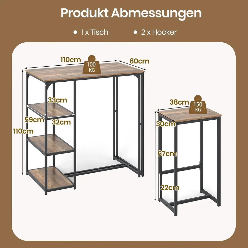 Table de bar pour studio et petit appartement avec tabourets et rangements - 2