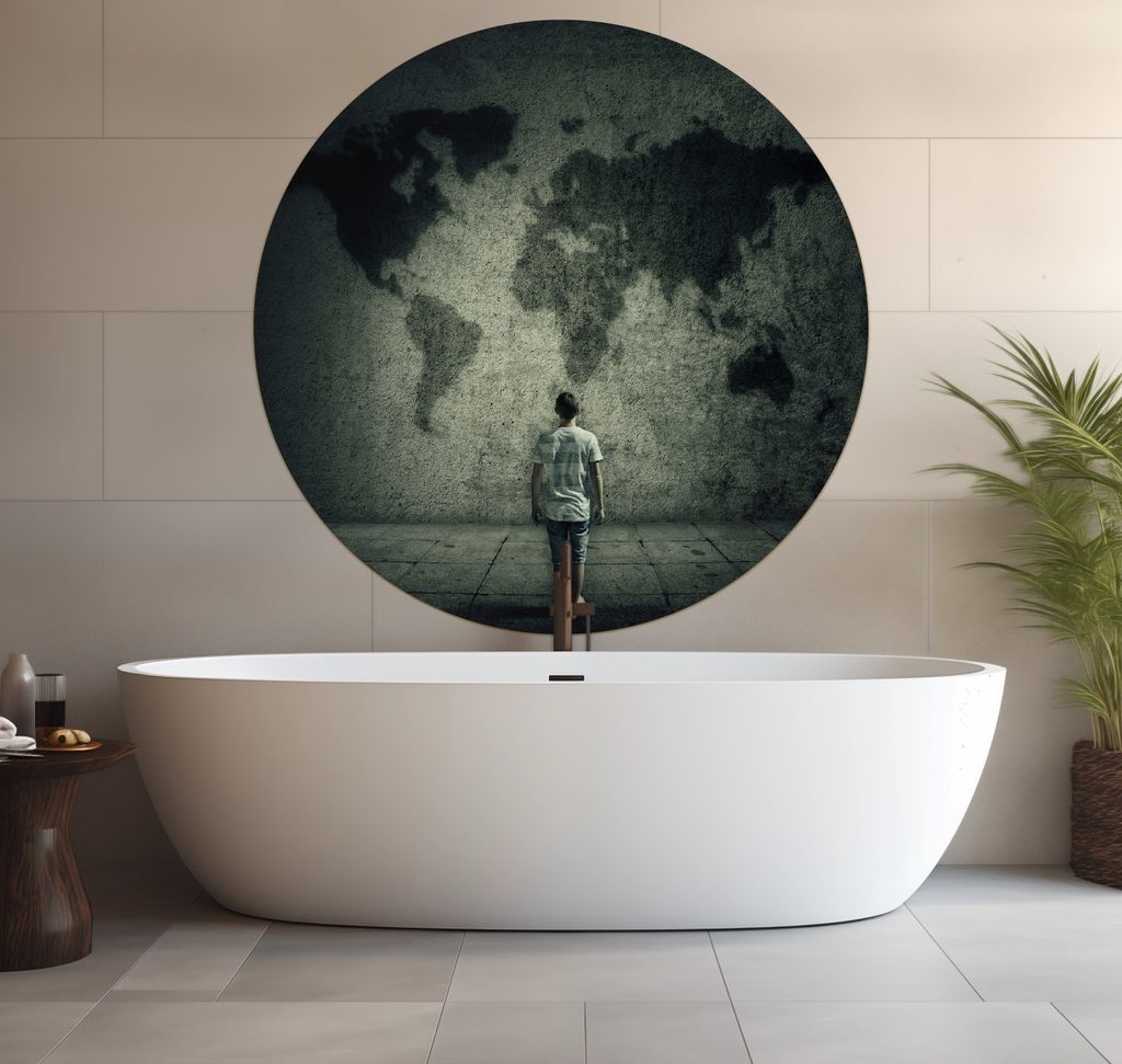 Wallario wasserfestes Poster selbstklebend 120 x 120 cm, Kleiner Junge vor Weltkarte an grauer Beton-Wand, Badezimmerposter Spritzschutz mit Hochgl...